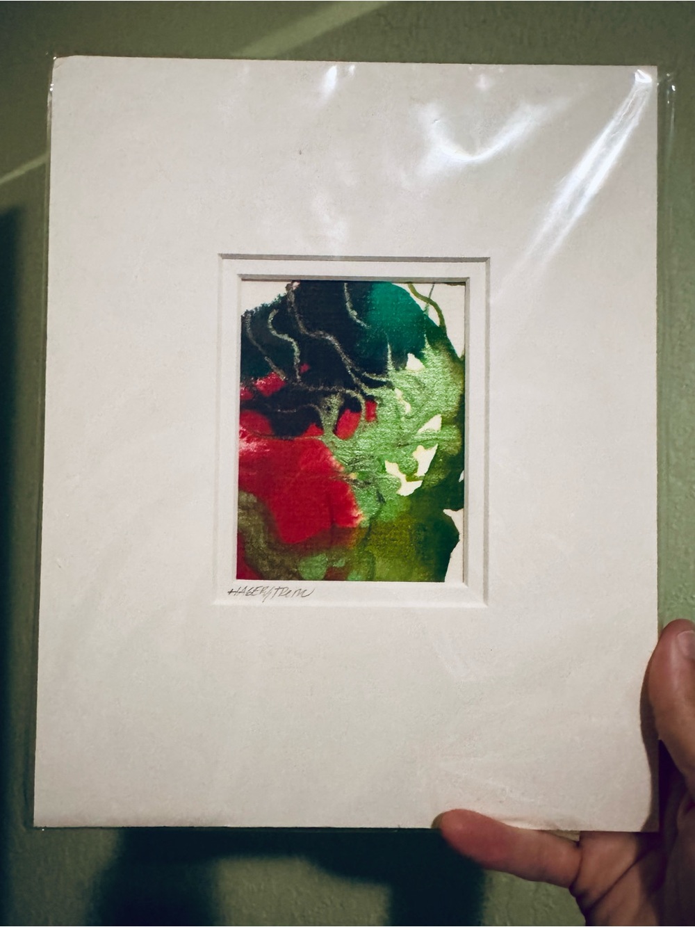 Original watercolor Framed Abstract Watercolor Art in Green and Red sparkle MCM